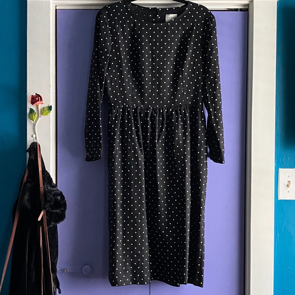 Off/On (like NPL) Black Linen Polka Dot Dress Back Button Pockets M